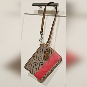 Coach Leather Purse Wristlet Wallet Clutch Khaki Hot Pink Jacquard F42618 W Tag
